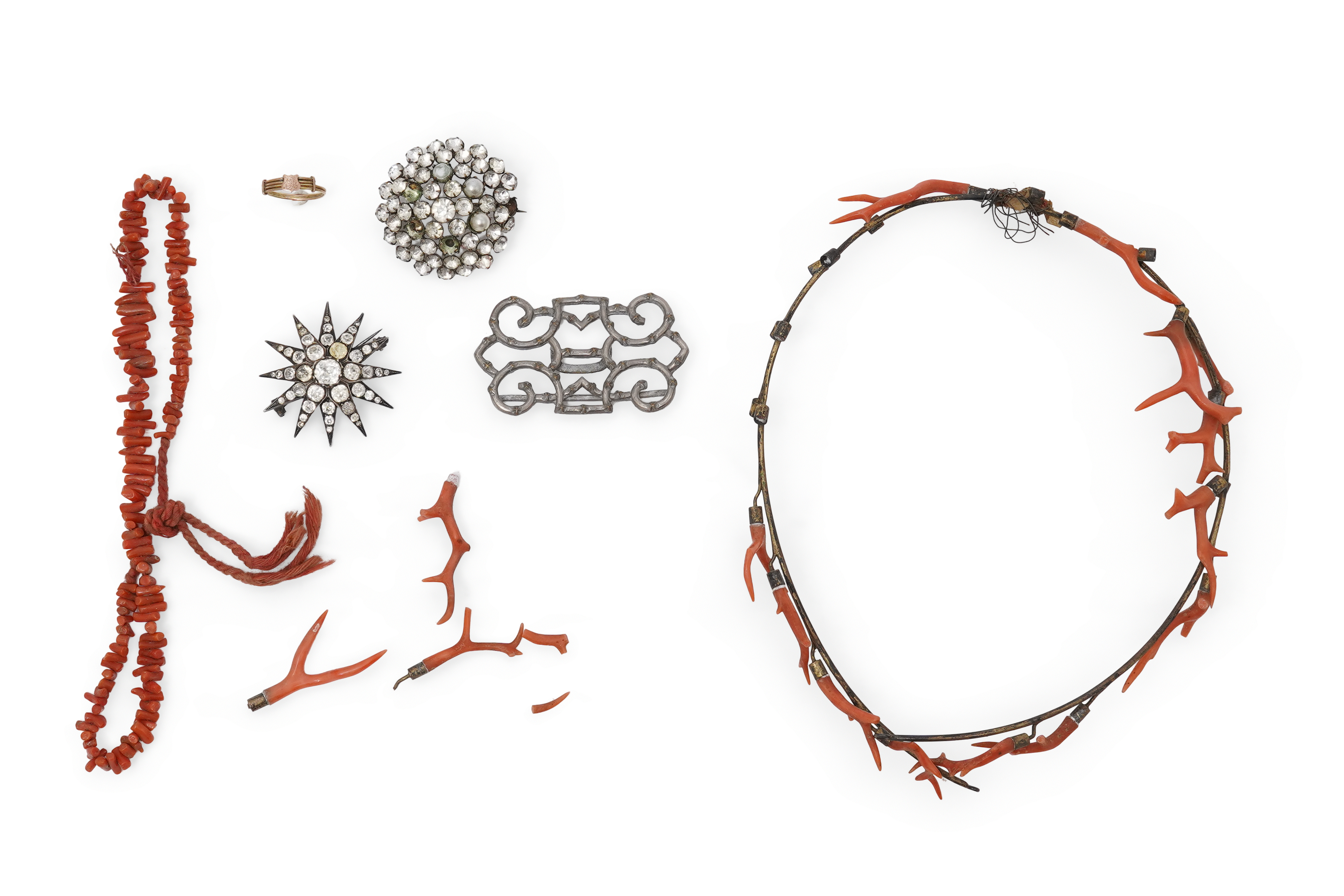 A collection of jewels including a coral tiara, 19th century